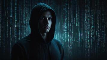 Portrait of a hacker in black hoodie with swirling binary code background, captured in high-contrast blue digital photography. Cybersecurity and mystique concept photo