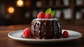 Gourmet chocolate cake with raspberry garnish and luxurious melted chocolate cream served on a plate. blur backrgound photo