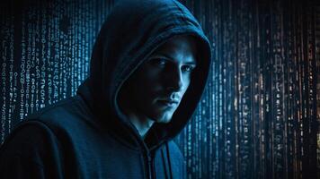 Portrait of a hacker in black hoodie with swirling binary code background, captured in high-contrast blue digital photography. Cybersecurity and mystique concept photo