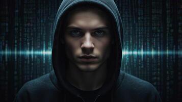 Closeup portrait of hacker in black hoodie with swirling binary code background, captured in high-contrast blue digital photography. Cybersecurity and mystique concept photo