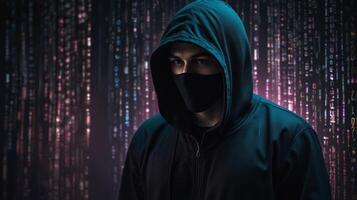 Portrait of a masked hacker in black hoodie with swirling binary code background, captured in high-contrast blue digital photography. Cybersecurity and mystique concept photo