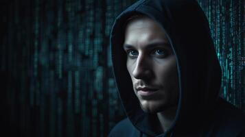 Professional portrait of hacker in black hoodie with swirling binary code background, high-contrast blue digital style. Cybersecurity and mystique concept photo