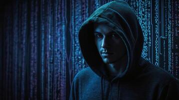 Portrait of a hacker in black hoodie with swirling binary code background, captured in high-contrast blue digital photography. Cybersecurity and mystique concept photo
