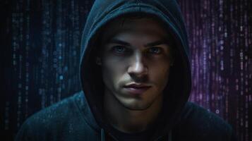 Closeup of hacker in black hoodie with swirling binary code background, in high-contrast blue photography. Cybersecurity and rebellion concept photo