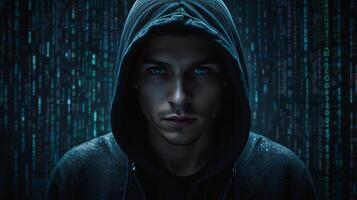 Closeup of hacker in black hoodie with pulsating binary code background, high-contrast blue digital photography. Cybersecurity and intensity concept photo