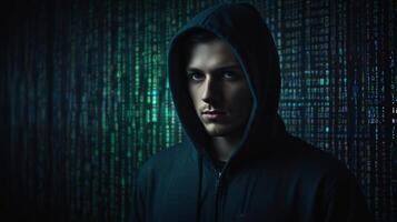 Professional portrait of a hacker in black hoodie with swirling binary code background, captured in high-contrast blue digital photography. Cybersecurity and mystique concept photo