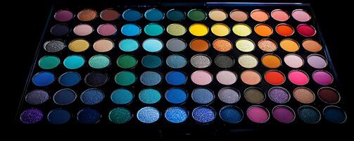 Close-up of a colorful eyeshadow palette with many shades. photo