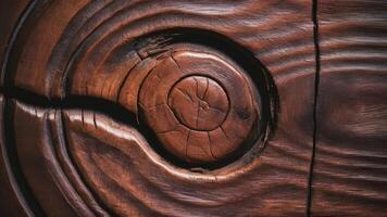 Close-up of a wooden surface with a distinctive knot and grain patterns, highlighting natural texture photo