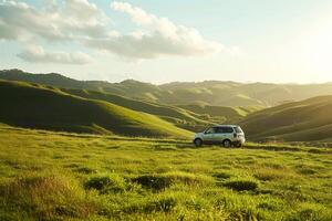 Mid Size Crossover Driving Through Peaceful Countryside with nature background photo