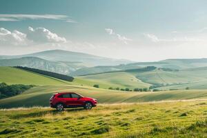 Mid Size Crossover Driving Through Peaceful Countryside with nature background photo