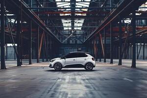 Subcompact hatchback in modern industrial setting with steel beams and  diffused lighting background photo