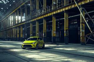 Subcompact hatchback in modern industrial setting with steel beams and  diffused lighting background photo