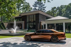 Luxury sedan parked in front of modern mansion with landscaped gardens and fountain in the background photo