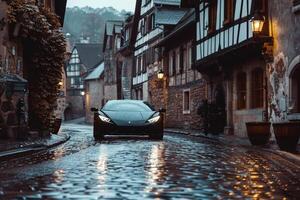 Coupe driving through historic European village square with cobblestone streets and old stone buildings in the background photo