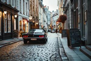Coupe driving through historic cobblestone street in European city with old architecture and cafes lining the street in the background photo