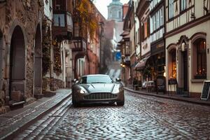 Coupe driving through historic cobblestone street in European city with old architecture and cafes lining the street in the background photo