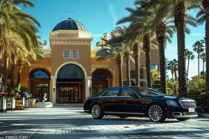 Full size sedan parked in front of luxury resort hotel with valets attending and guests enjoying the grand entrance in the background photo