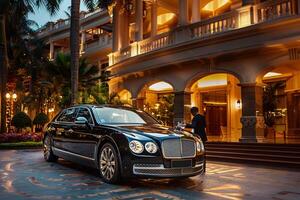 Full size sedan parked in front of luxury resort hotel with valets attending and guests enjoying the grand entrance in the background photo