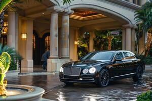 Full size sedan parked in front of luxury resort hotel with valets attending and guests enjoying the grand entrance in the background photo