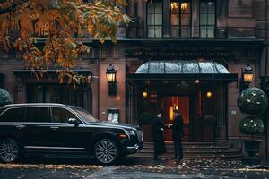 Elegance luxury SUV parked in front of highend boutique hotel with doorman opening the door for welldressed couple in the background photo