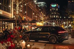 Elegance luxury crossover parked at highend urban restaurant with diners seated at outdoor tables and city lights twinkling in the background photo