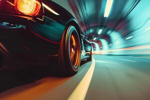 Elegance midsize sports car driving through sleek city tunnel with dynamic lighting and reflections in the background photo