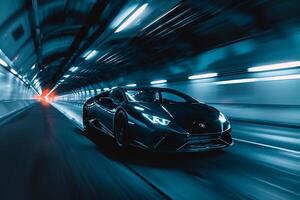 Elegance midsize sports car driving through sleek city tunnel with dynamic lighting and reflections in the background photo
