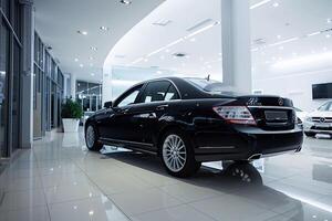 Elegance compact sedan parked in showroom with white  highlighting its luxury features and interior photo