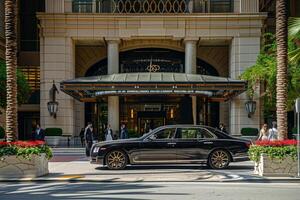 Elegance fullsize sedan parked in front of luxury hotel entrance with valets and guests in formal attire in the background photo