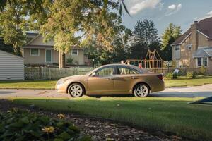 Mid size sedan parked in suburban driveway with children playing in the yard and swing set in the background photo