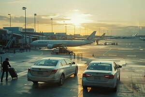 Mid size sedan parked at bustling airport terminal with travelers loading luggage and planes taxiing in the background photo