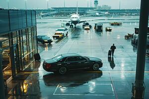 Mid size sedan parked at bustling airport terminal with travelers loading luggage and planes taxiing in the background photo
