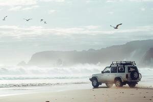 Crossover SUV driving on sandy beach with waves crashing in the background and seagulls flying overhead photo