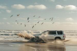 Crossover SUV driving on sandy beach with waves crashing in the background and seagulls flying overhead photo