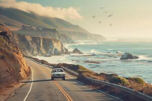 Freedom Compact crossover driving on scenic coastal road with ocean waves crashing against cliffs and seagulls flying overhead background photo
