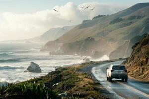 Freedom Compact crossover driving on scenic coastal road with ocean waves crashing against cliffs and seagulls flying overhead background photo