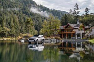 Luxury Mid size SUV parked in front of modern lakeside cabin with serene lake and forested hills reflecting in the water as background photo