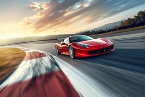 Modern New sports car speeding on race track with red motion and dynamic curves photo