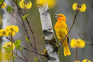 Eurasian Golden Oriole singing in spring birch grove with dandelion flowers photo