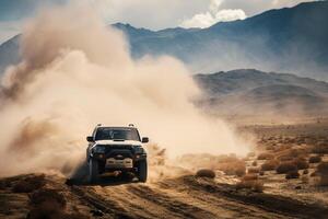 Full size crossover driving on challenging off road trail with rugged terrain and dust clouds trailing behind photo