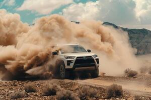 Full size crossover driving on challenging off road trail with rugged terrain and dust clouds trailing behind photo