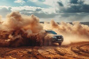 Full size crossover driving on challenging off road trail with rugged terrain and dust clouds trailing behind photo