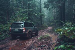 Full size SUV parked at an off road trailhead with rugged terrain and muddy tracks leading into dense forest photo