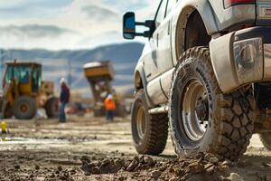 Powerful Full size truck parked at construction site with workers in hard hats and machinery in the background photo