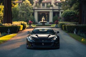 Prestige Luxury sports car parked at luxurious mansion driveway with manicured gardens and classical architecture in the background photo