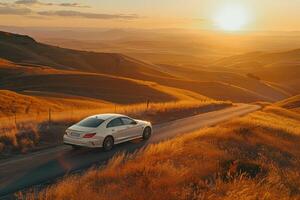Prestige Full size sedan driving on winding countryside road with rolling hills and golden sunset light casting long shadows photo