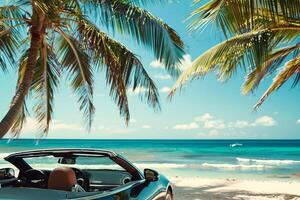 Relaxation Convertible parked at tropical beach with palm trees swaying in the breeze and turquoise waters in the background photo