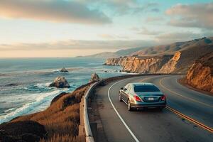 Sophistication Luxury sedan cruising on coastal highway with panoramics of the ocean and distant cliffs photo