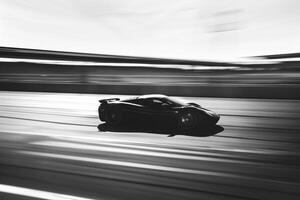 Speed Supercar zooming through an empty race track with  and intense  on its streamlined silhouette photo