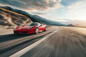 Speed Sports car racing on an open highway with red motion and distant mountains photo